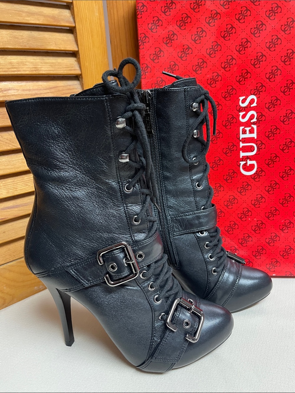 GUESS Black Leather Lace-Up Buckle Stiletto Ankle Boots